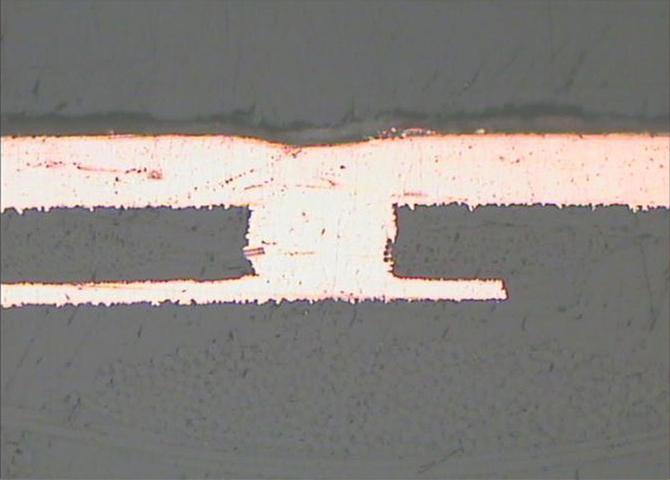 Blind MicroVias laser 100 µm on High TG 75 µm, copper filled