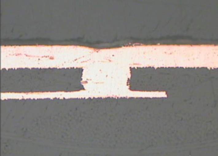 Blind MicroVias laser 100 µm on High TG 75 µm, copper filled